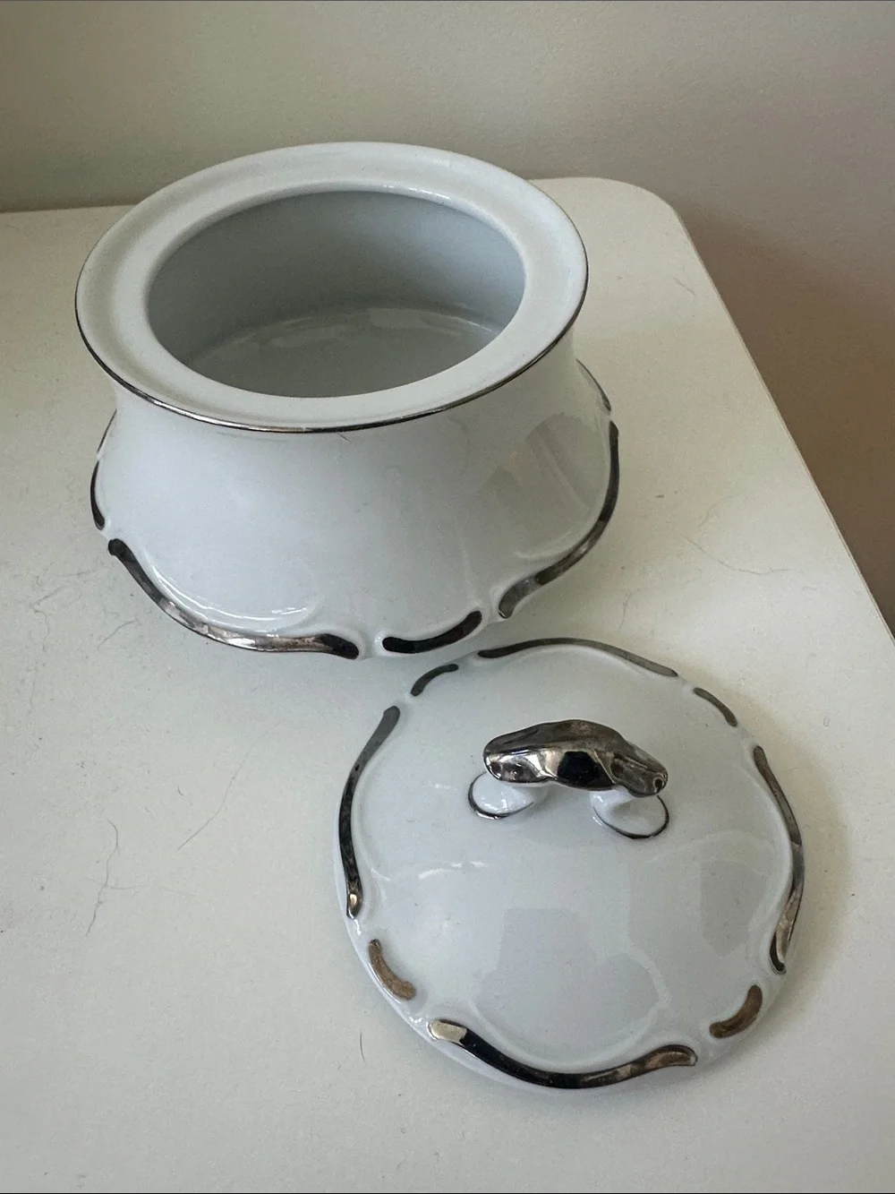 White Ceramic Lidded Sugar Bowl with Silver Accent